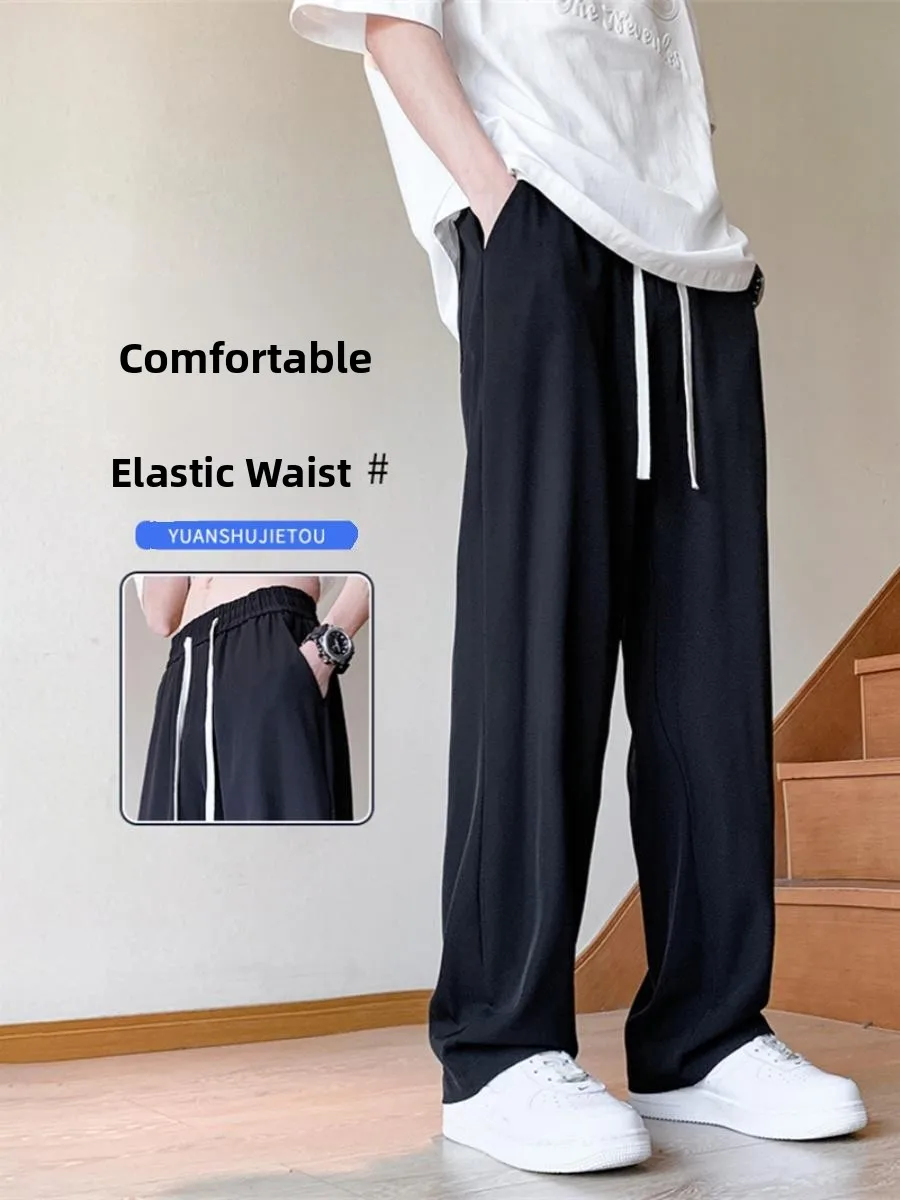 กางเกงขายาวลำลองทรงตรงผ้าไอซ์ซิลค์บางเบา ยืดหยุ่น ใส่สบาย ไซส์ใหญ่สำหรับผู้ชาย วัยรุ่น ออกกำลังกาย