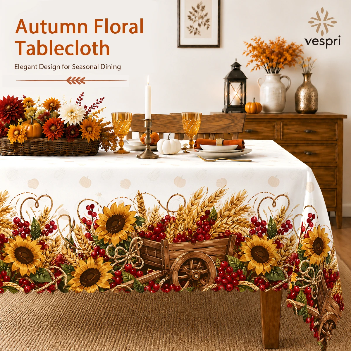 Rustic Tablecloth with Harvest Carts & Sunflowers for Indoor/Outdoor Camping decor, Rectangular/Round/Oval