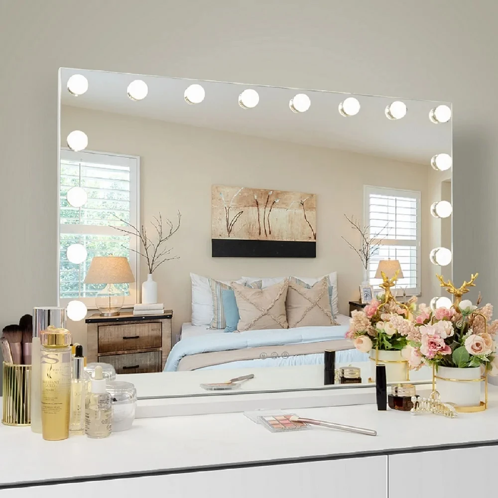 Large Hollywood Makeup Mirror 18 LED Bulbs Vanity Mirror with Protective Power Outlet USB Charging Port 3 Color Lighting Modes