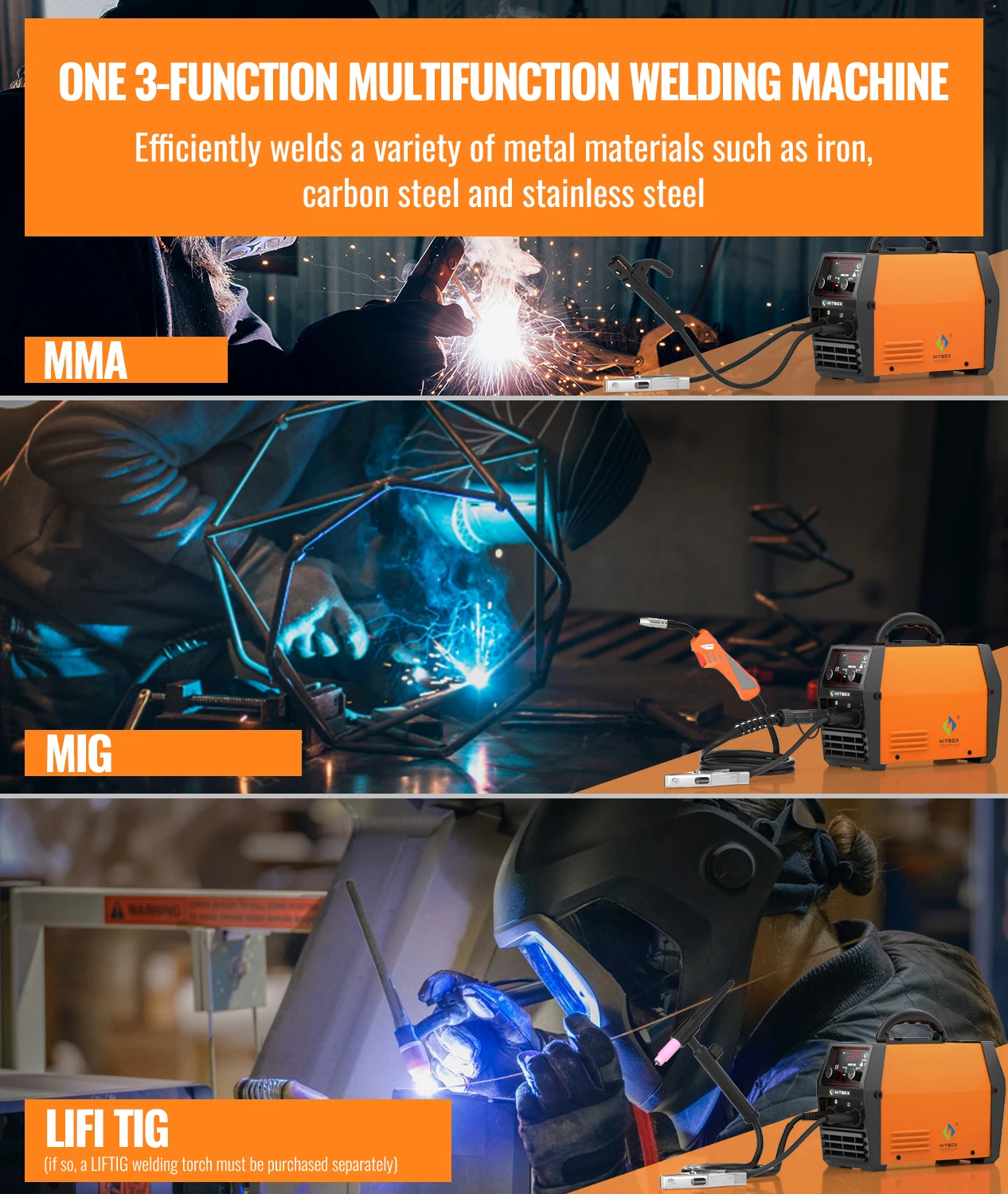 HITBOX HBM1200 220V 200A +1KG Welding Wire 3 in 1 No Gas MIG Welder MMA/MIG/Lift TIG Semi-automatic Welding Machine With Flux Cored Wire Gasless view 7