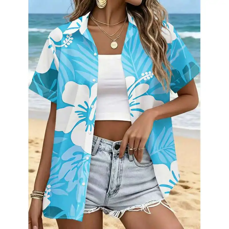 Women's Button Up Short Sleeve Shirt Blue Base White Light Blue Hibiscus Tropical Pattern Machine Washable Casual Fashion Top