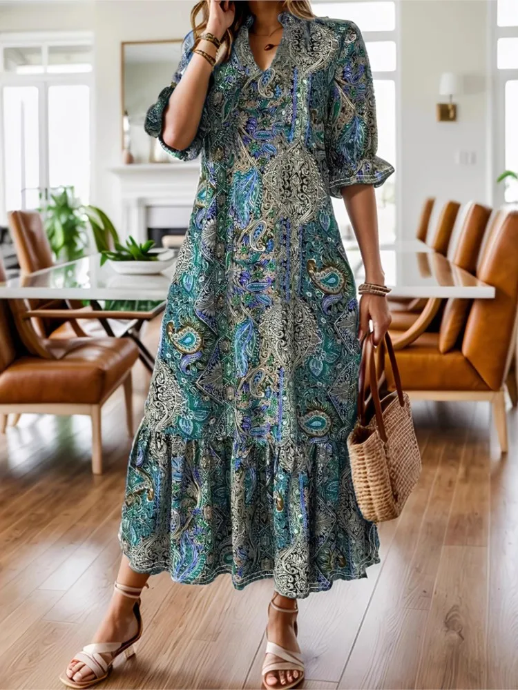 Summer New Boho Pring Dress 2025 Elegant V-neck Short Sleeve Long Dresses Loose Ethnic Style Big Swing Vacation Dress Robe Femme