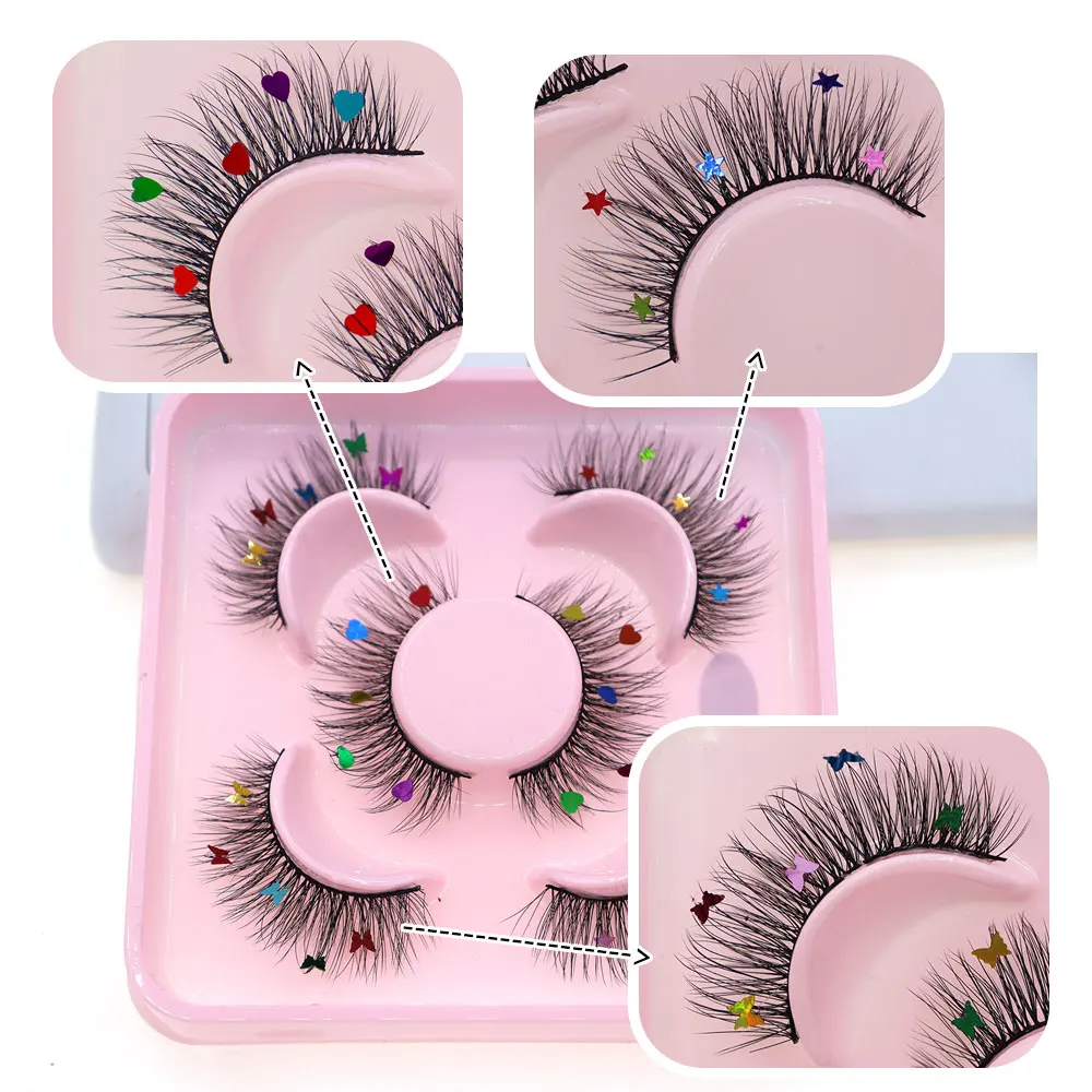 3 ペアセットスター蝶ハート型スパンコールつけまつげ妖精の杖パーティーハロウィンクリスマスカラフルなスパンコールまつげ