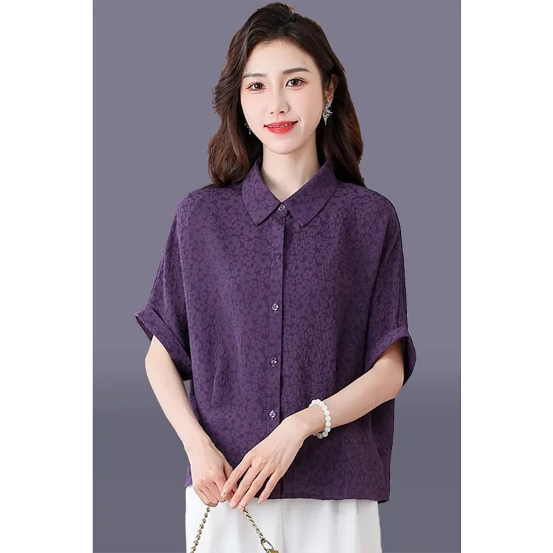 

Women's Floral Jacquard Short Sleeve Blouse Collared Casual Summer Shirt for Middle-aged