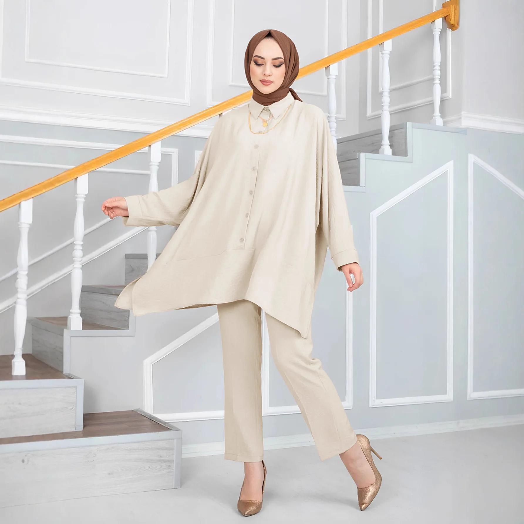 

Women's Solid Color Casual Trendy Loose Elegant 2Piece Sets Long Sleeve Shirts Straight Trousers Female Middle East New Fashion