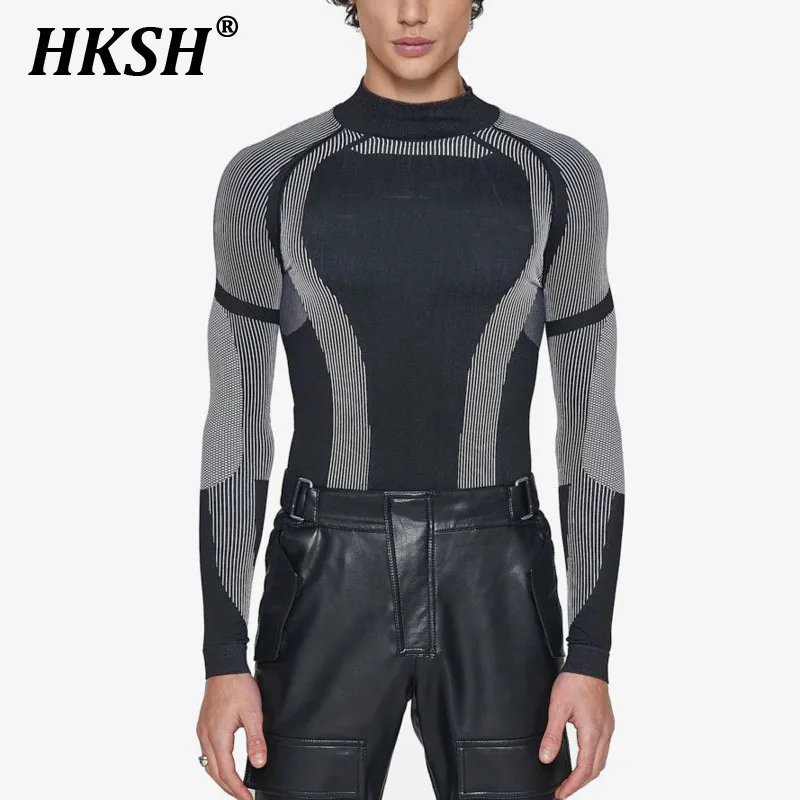 HKSH Spring Summer Men\'s Tide Fashion Spliced Tops Long Sleeve T-shirts Elastic Tight Fitness Shirts Turtleneck Fashion HK1408