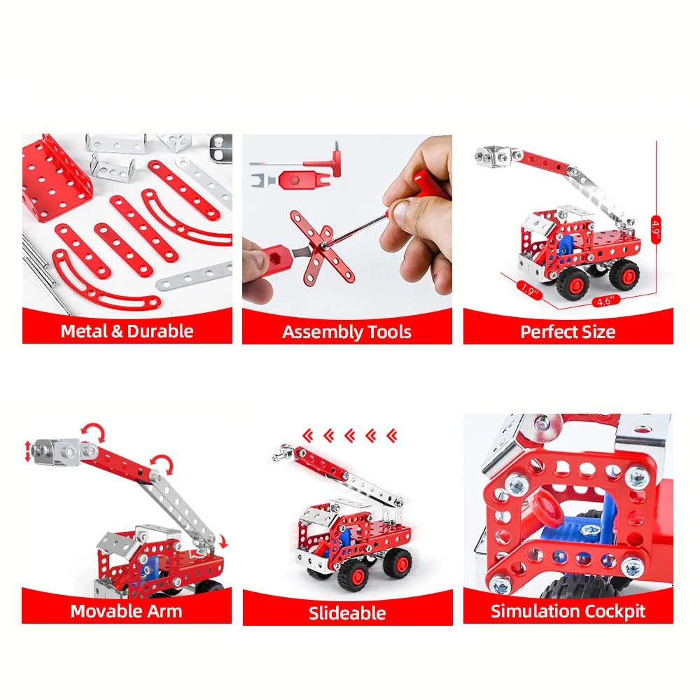 Metal Assembly Building Block Fire Truck Model Crane Excavator Bulldozer Engineering Vehicle Set DIY Screw Nut Alloy Toy for Boy