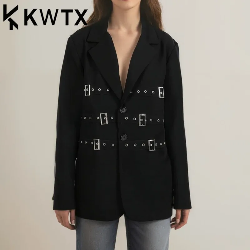 

KWTX Women’s Edgy Blazer Black Bomber Metal Trim Single Breasted Streetwear Luxury Designer SS25 Fashion