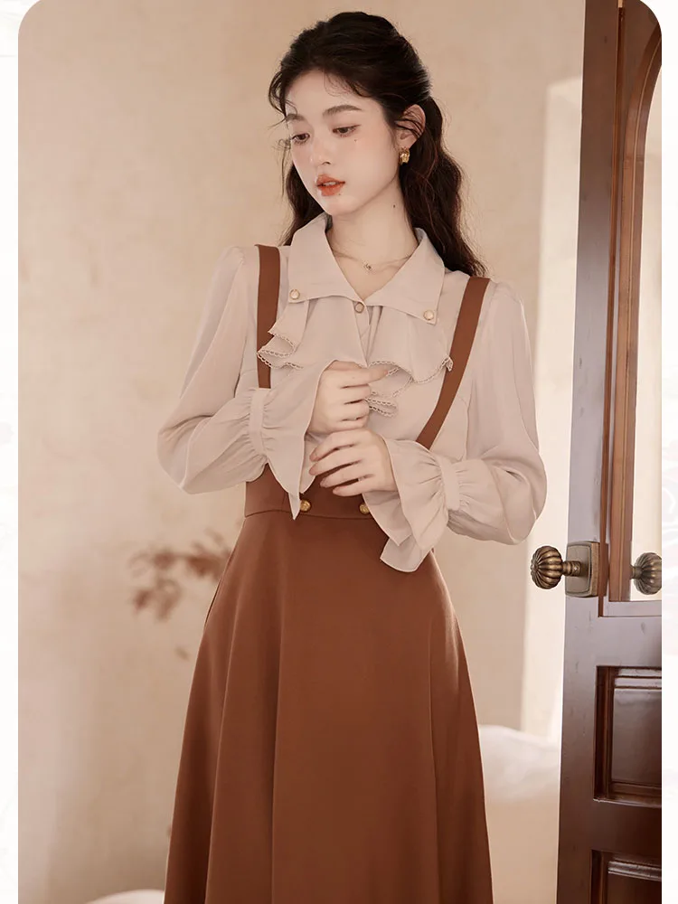 Office Lady Elegant Two Piece Skirt Set Women Spring Autumn Ruffles Shirt and Long Skirts Outfits