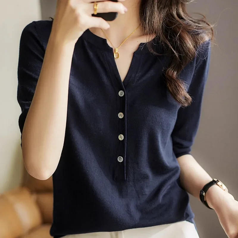 New Fashion Short Sleeve Knitted Blouse Shirt Women Tops Pullover Blusas Mujer De Moda 2024 Verano V-Neck Knit Blouse Women E889