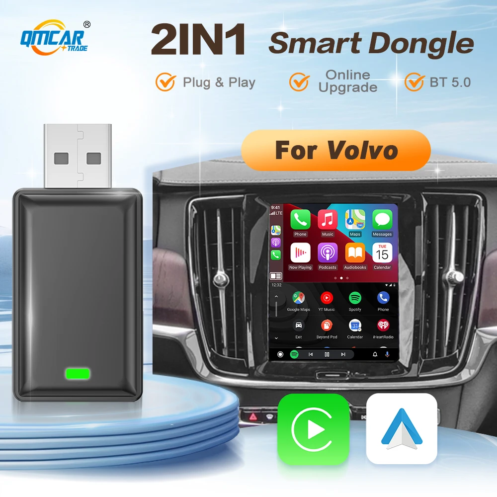 Android Auto Carplay Wireless Adapter 2in1 Smart Dongle Ai Box For 2016-2024 Volvo XC90 S90 V90 XC60 S60 V60 XC40 C40 Recharge