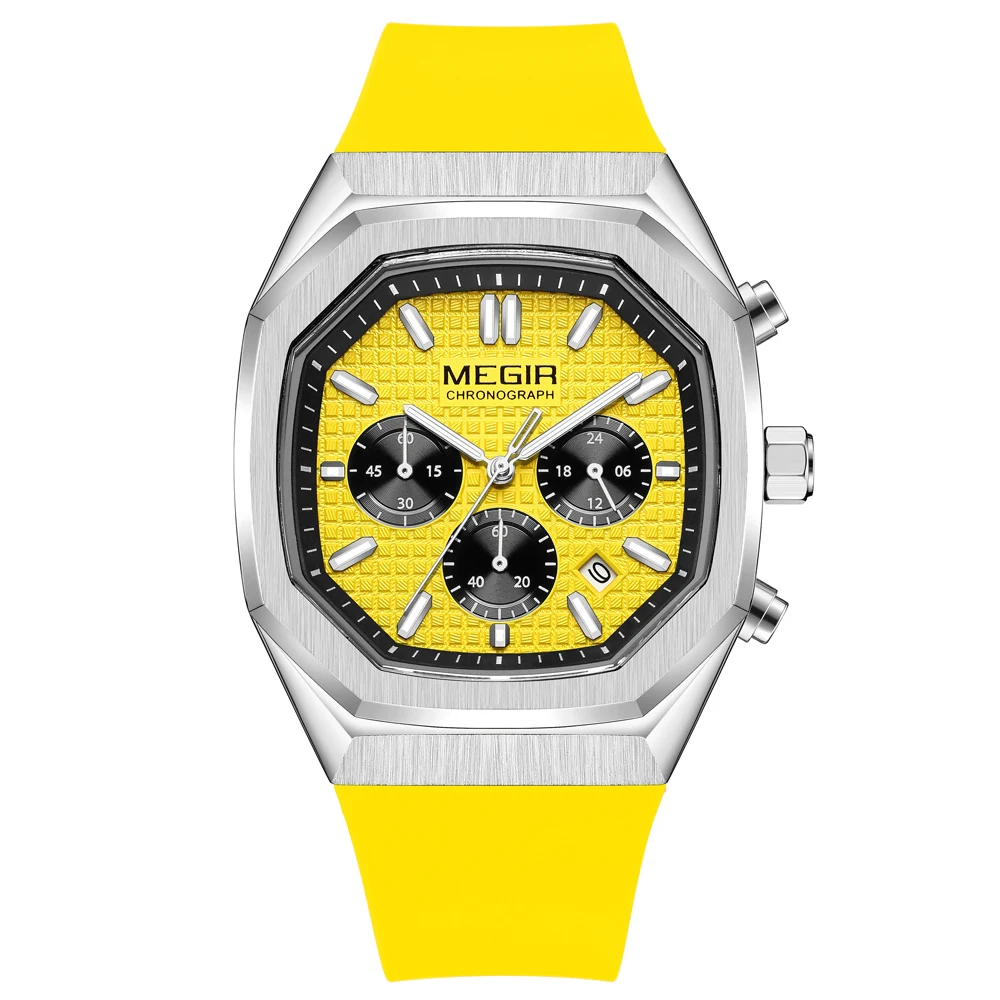 MEGIR Octagon Dial Silicone Strap Watch for Men Casual Yellow Chronograph Quartz Male Student Wristwatch with Date 24-hour 2215