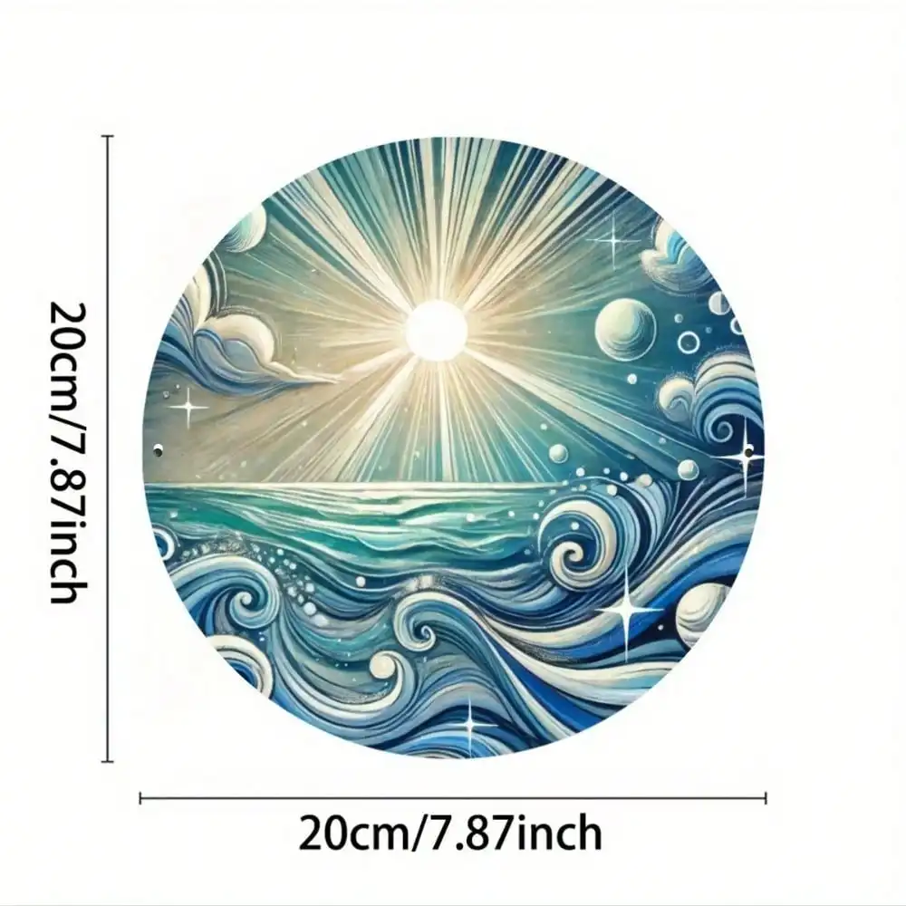 2D Flat High Definition Metal Wall Art Mystical Fantasy Ocean Wave with Radiant Sunburst Starry Universe and Swirling Clouds Abs