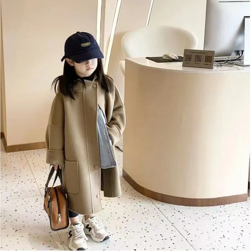 

2025 New Autumn And Winter Children's Double-sided Woolen Coat New Girls' Korean Version Long Windbreaker Jacket 110-160CM
