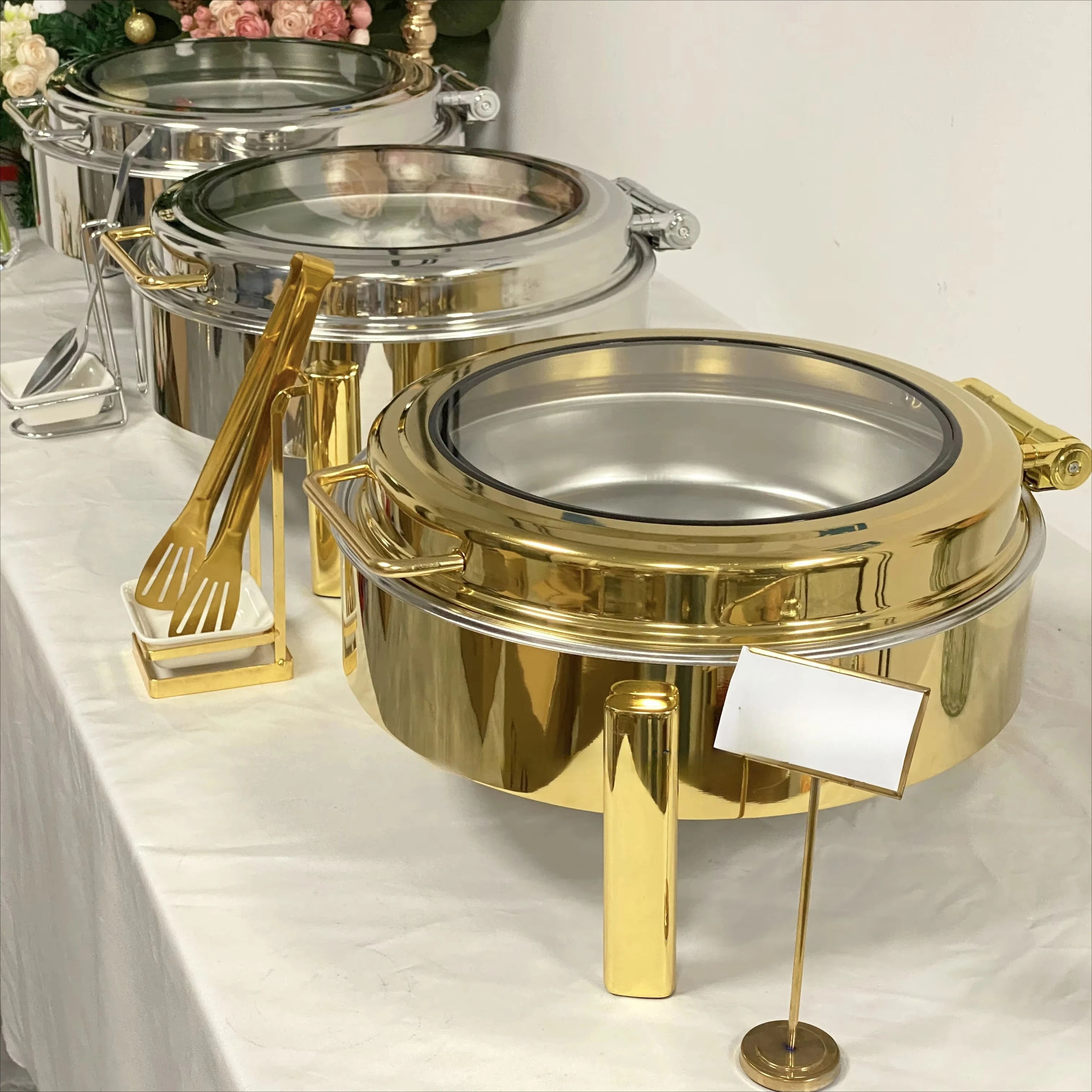 *Arabic Wedding Party Luxury Gold Round Buffet Restaurant Banquet Cheffing Dish Food Warmer Chafing Dishes for Catering