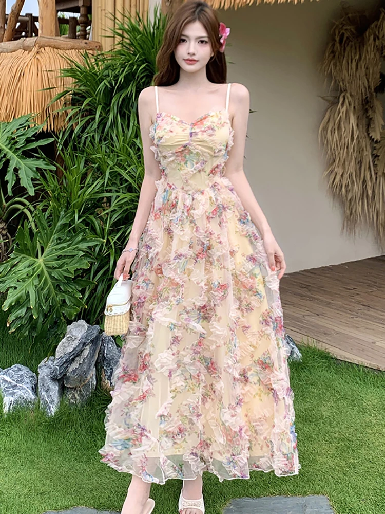 

Women Fashion Embroidery Floral Beach Long Dress 2026 Korean Elegant Luxury Party Evening Dress Summer Bodycon Casaul Home Dress
