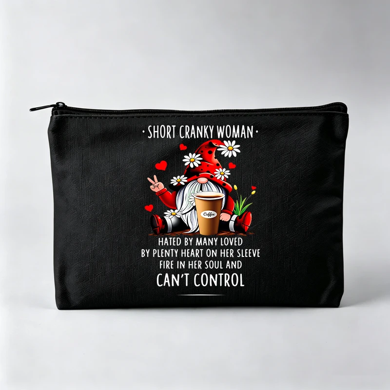 Women's Gnome with Coffee Cup and Flowers Print Makeup Bag, Slogan Style Cosmetic Pouch for Daily Use