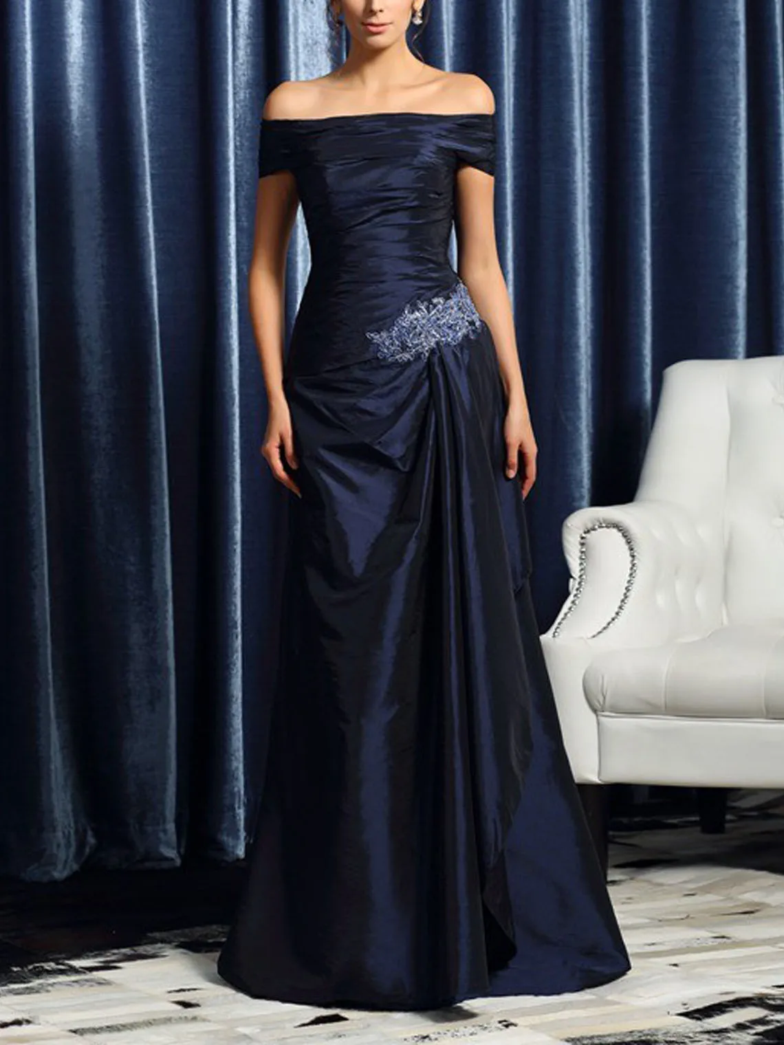 

Fashion Elegant Mermaid Evening Dress Off the Shoulder Short Sleeves Taffeta Applique Sweep Train Prom Gown 2025 Free Customized