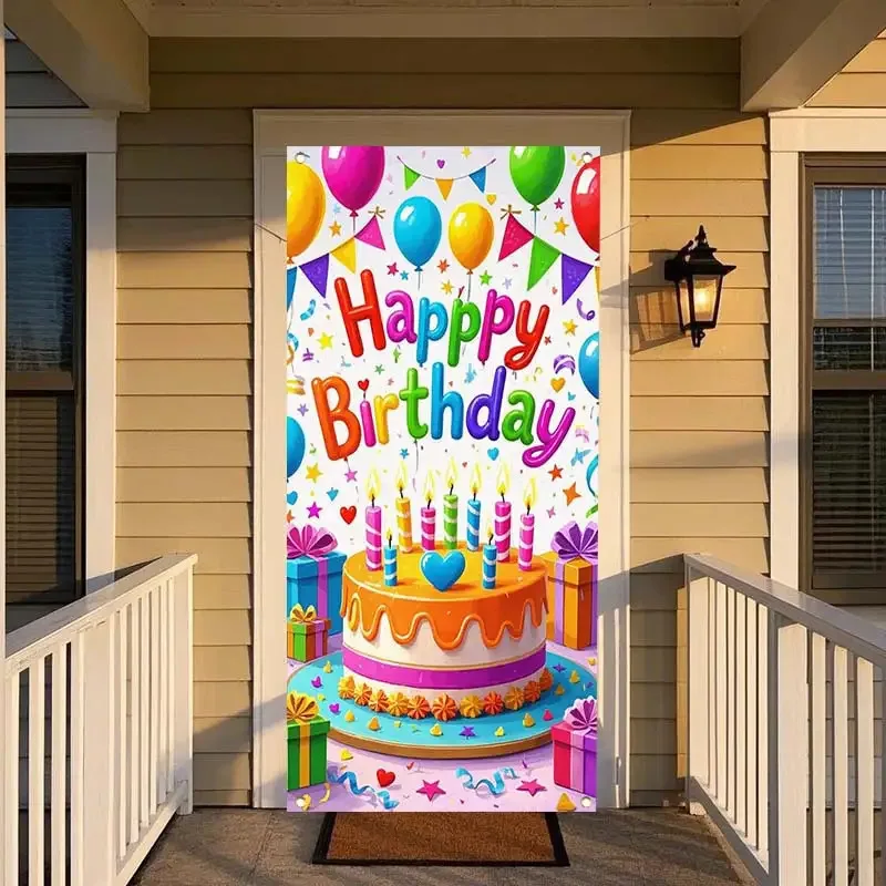 2D-Flachbanner, 2D-Türbanner, 1 großes Happy-Birthday-Türbanner mit Luftballons, Konfetti und Kerzentorte – 35,4 x 71 Zoll, riesig, digital bedruckt