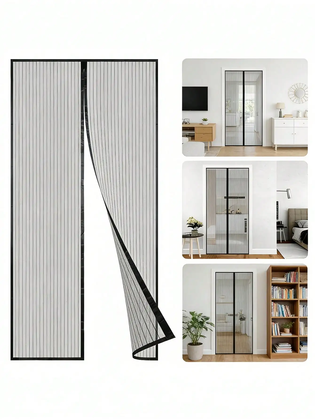 Summer Breathable Magnetic Mosquito Screen Door, Black Polyester Fiber Automatic Sealing Hands-free Mosquito   JJ2435   FK