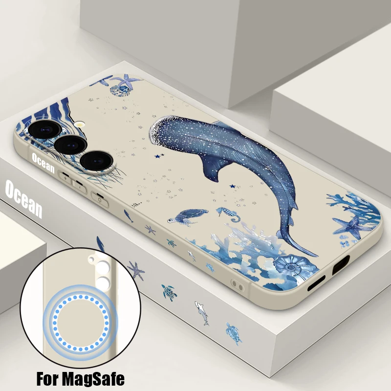 المحيط الحوت طباعة المغناطيسي قضية الهاتف لسامسونج غالاكسي S25 S24 S23 الترا S22 زائد S24 FE A17 A56 A55 A16 5G A36 لينة غطاء من البولي يوريثان