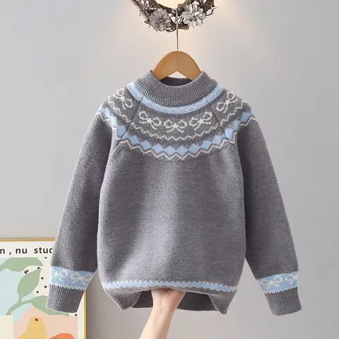Teenager Girls' Crew Neck Gradient Textured Sweater Fleece-Lined Thickened Winter Sweater Knitted Base Layer Top Older Girl Kids