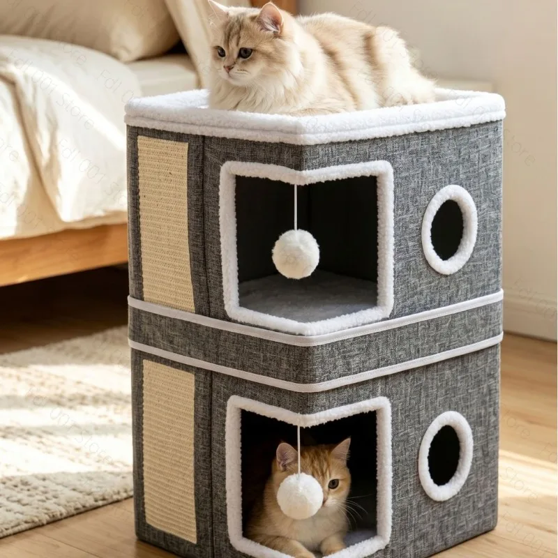Three-layer Side-opening Folding Cat Bed Winter Warm Strap with Scratching Board Suitable for All Seasons