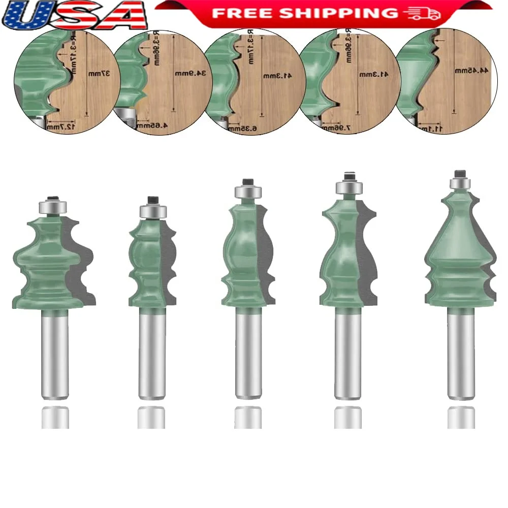 

Woodworking Router Bit Set 5PCS 1/2 Inch Shank Carbide Tipped Cutters Milling Edging Grooving Projects