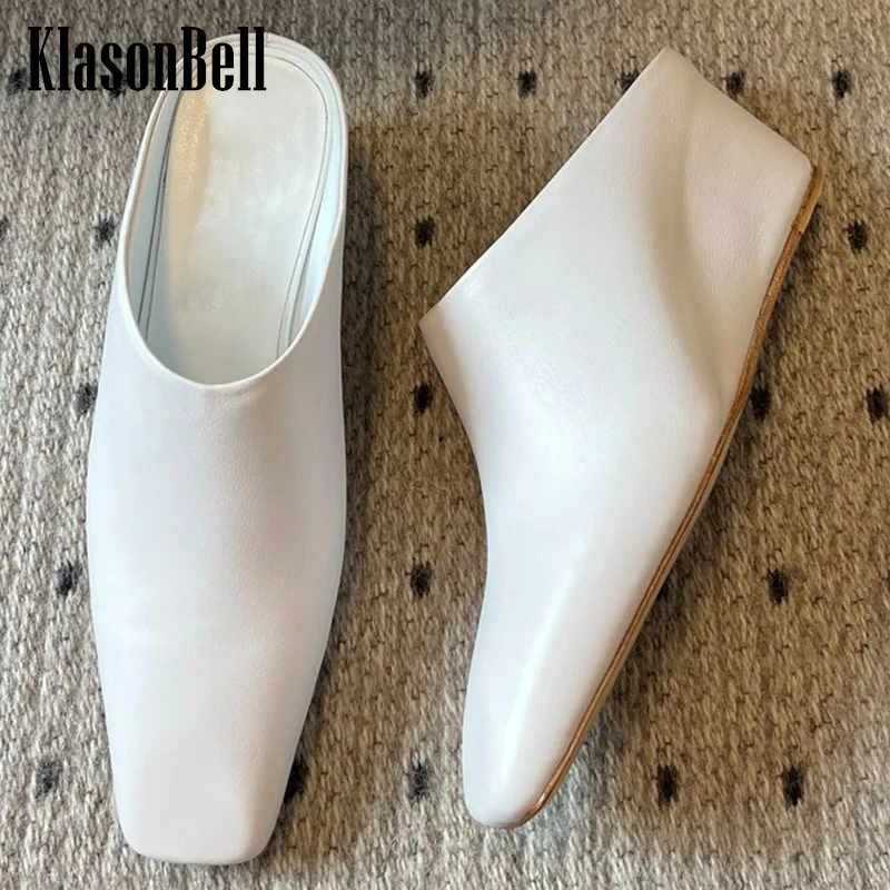 

6.5 KlasonBell Temperament Simple Mules Slippers High Wedges Heel Genuine Leather Retro Square Toe Women's Sandals
