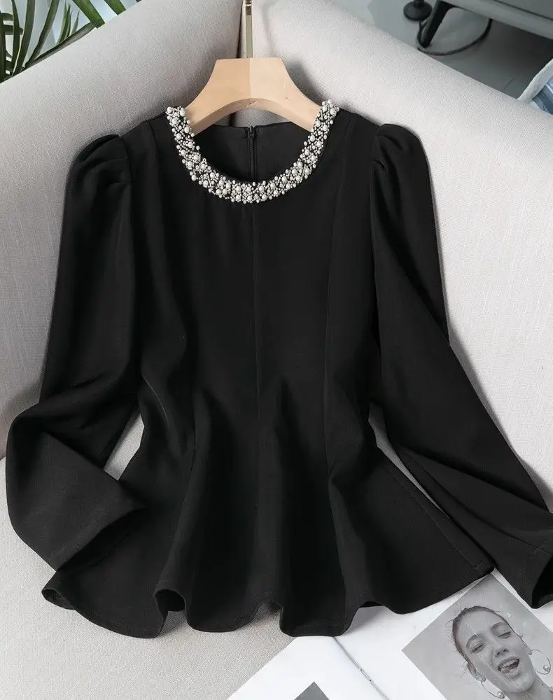 Eleganckie bluzki damskie z bogatymi zdobieniami, tuniki z okrągłym dekoltem, koszule z długim rękawem, szykowne koreańskie bluzki damskie.