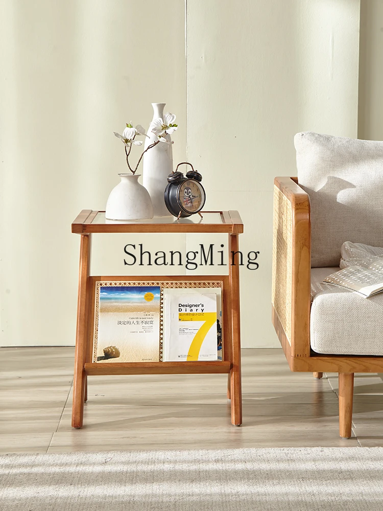 HJ أريكة الروطان الخشبية الصلبة الجانب عدد قليل من غرفة المعيشة المشاهير على الإنترنت شقة صغيرة بسيطة بجانب السرير طاولة زجاجية زاوية قليلة #4