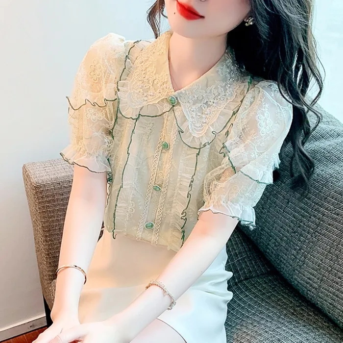 

Женская летняя модная шифоновая блузка с коротким рукавом в корейском стиле, красивый топ с рукавами-фонариками