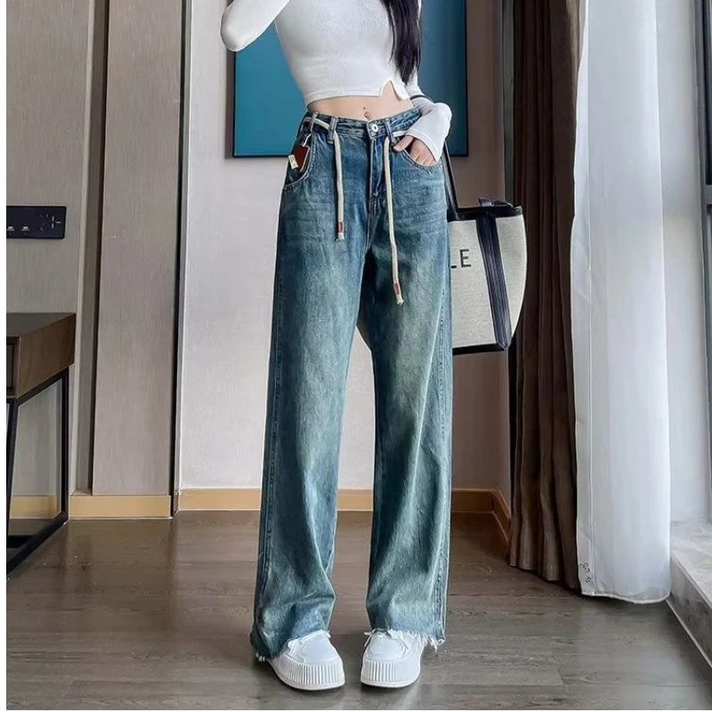 Damesjeans Wijde broek Baggy jeans Hoge taille Gewassen blauw 2025, Herfst Winter Koreaanse mode Veelzijdige slim fit broek