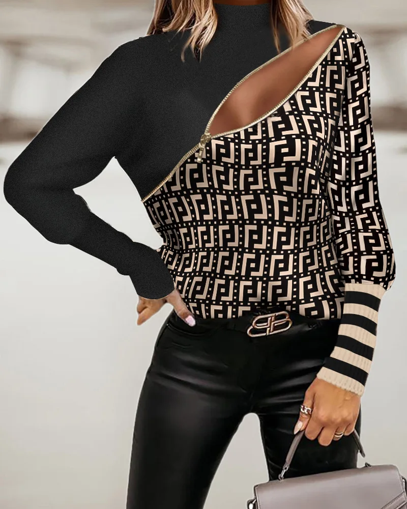 Sexy Women's Zipper Top, High Neck Elegant Top, Long Sleeve, Printed, Office Blusa Mujer Moda 2023 Top Mujer Blouse Women