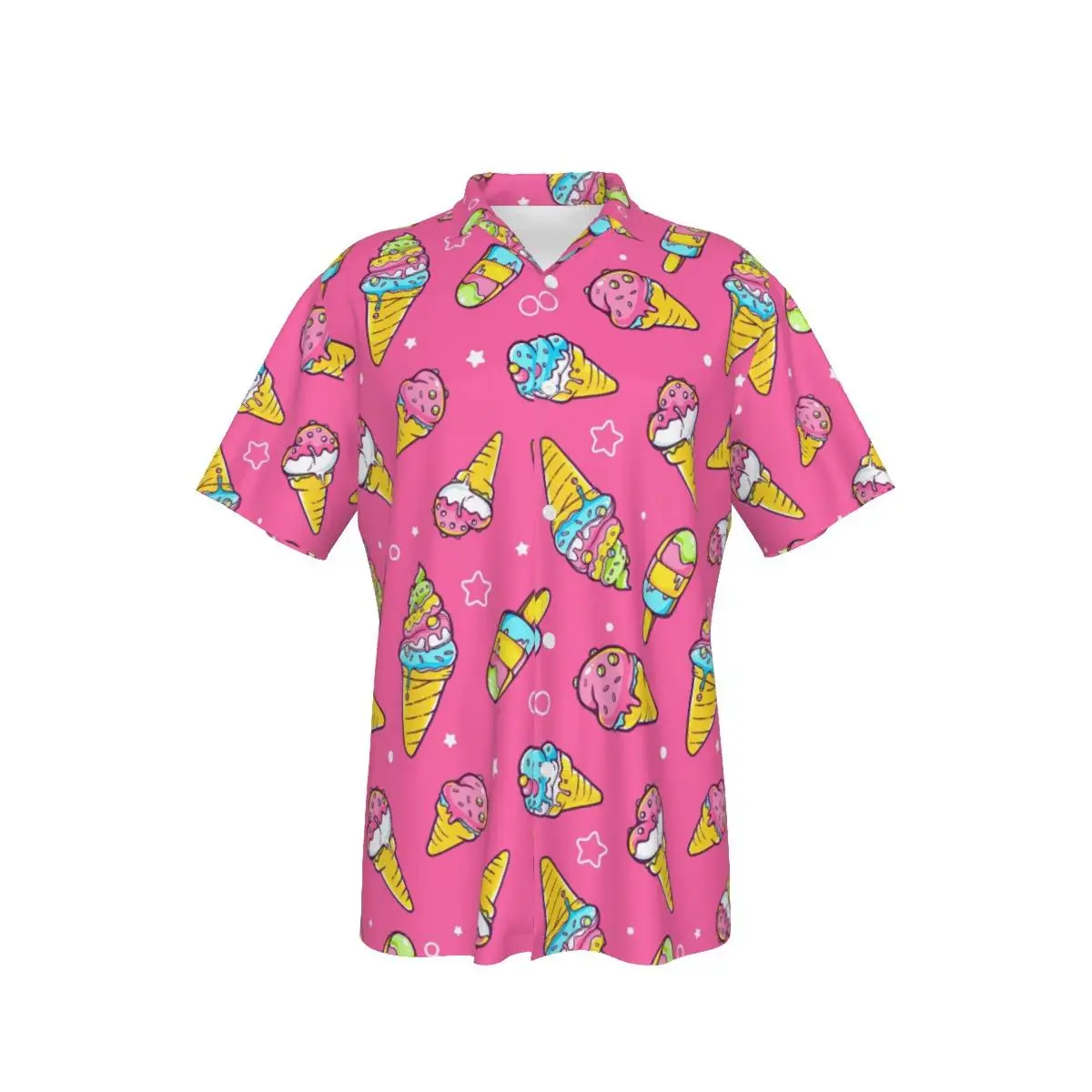 

Men's Hawaiian Pink Shirt Ice Cream Print Creative Beach Short Sleeve Summer Casual Button Up Patchwork Tops 3D Shirts