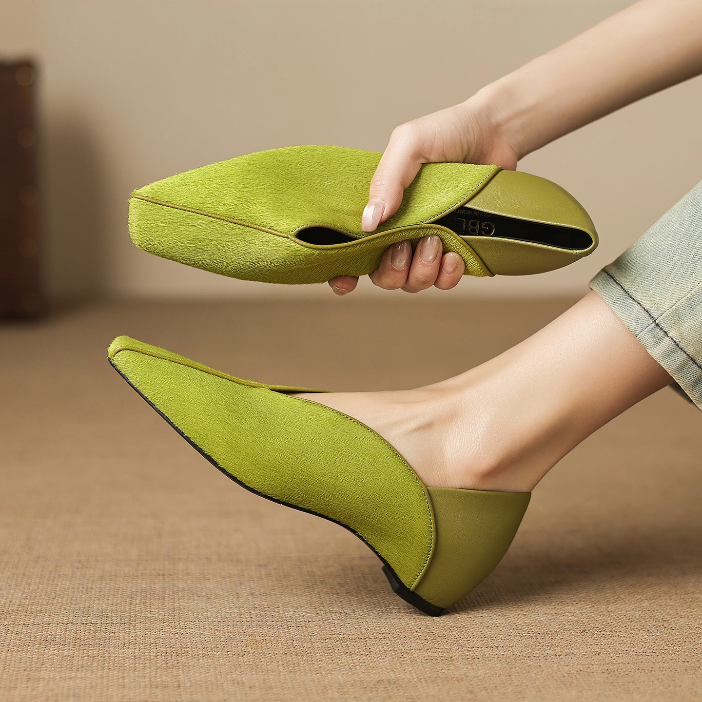  Genuine Leather Horsehair Women Shoes,Square Toe Increased Internal High Heels,Shallow Mouth Comfortable Ladies Shoes