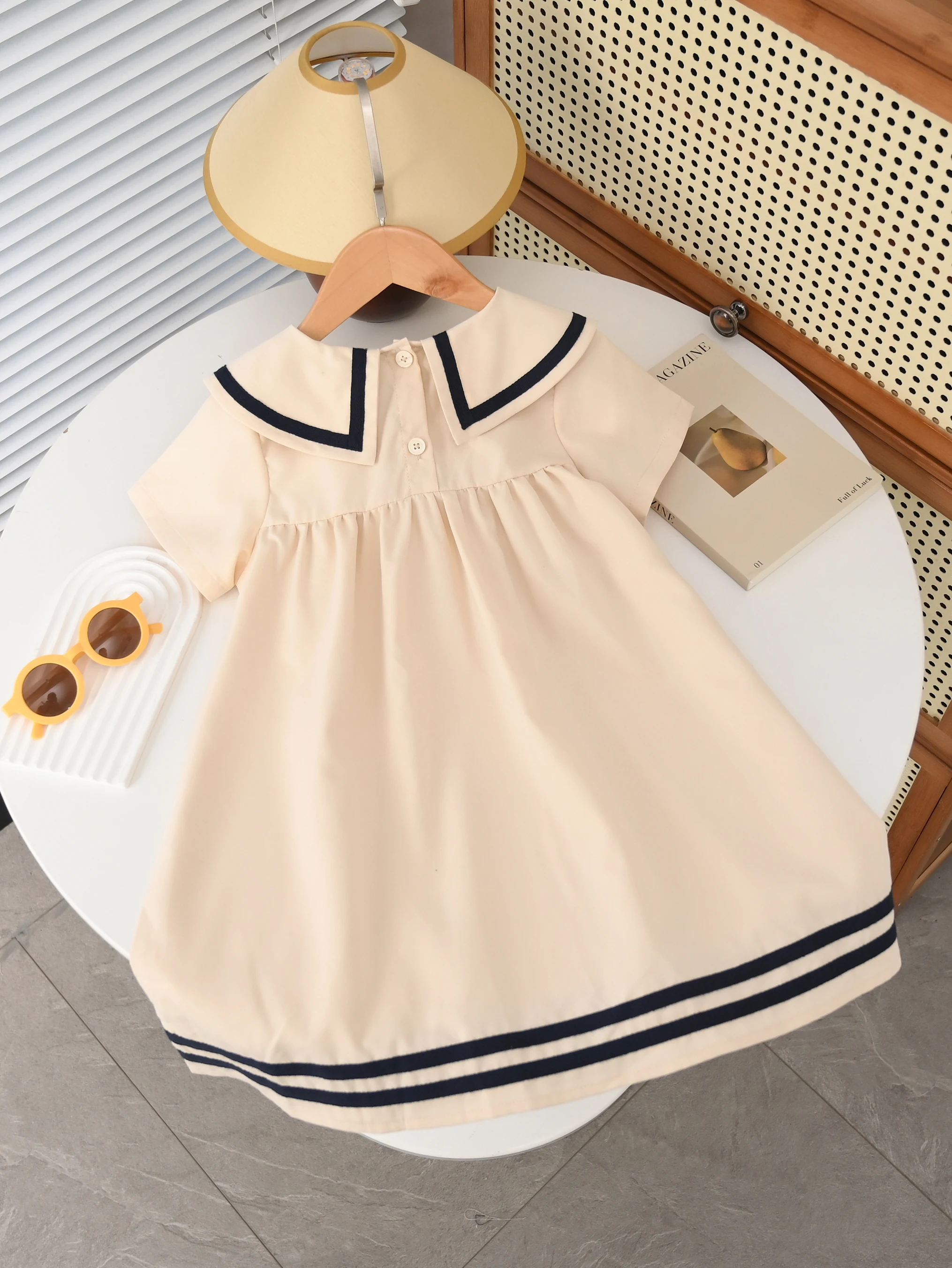 Summer Girl's Dress Solid Color Navy Collar Short-sleeved Fashion Casual Princess Dress Children Kids Clothing