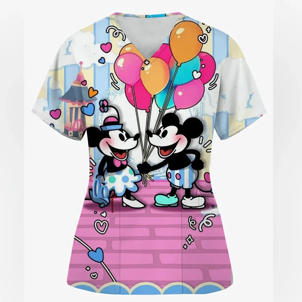 

Summer Women's Clothing Disney Minnie Mickey Mouse print V-Neck Fashion Frosted Tops Uniform Short Sleeve Doctor Nurse New