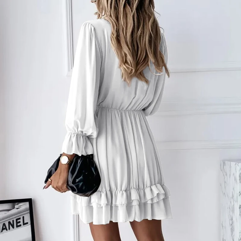 Elegant Lace-up Hight Waist A-Line Dress Women Sexy Lace Splicing V-neck Solid Mini Dress Casual Long Sleeve Chiffon Party Dress