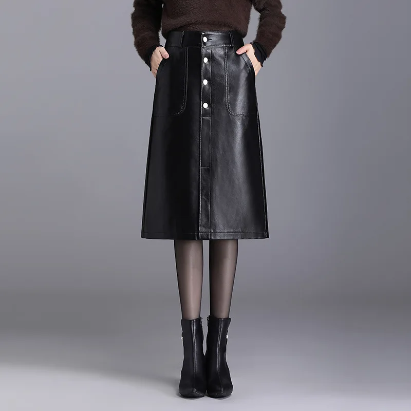 2025 women's fashion PU leather, skirt, new high-waisted A-word, thin buttocks, split-ended one-step long skirt