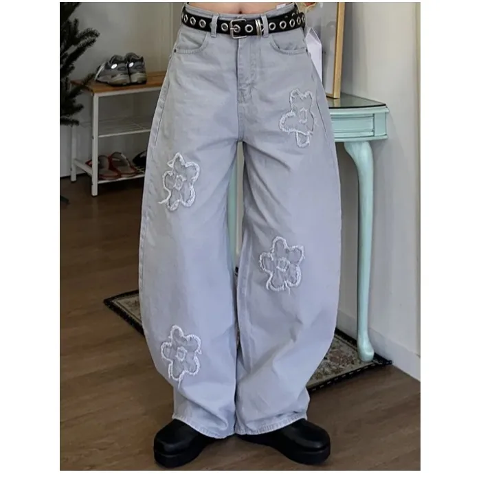 

Street Style Embroidered Flower Balloon Jeans High Waist Long Pants Women's Casual Cotton Denim Non-Stretch Comfortable Fit