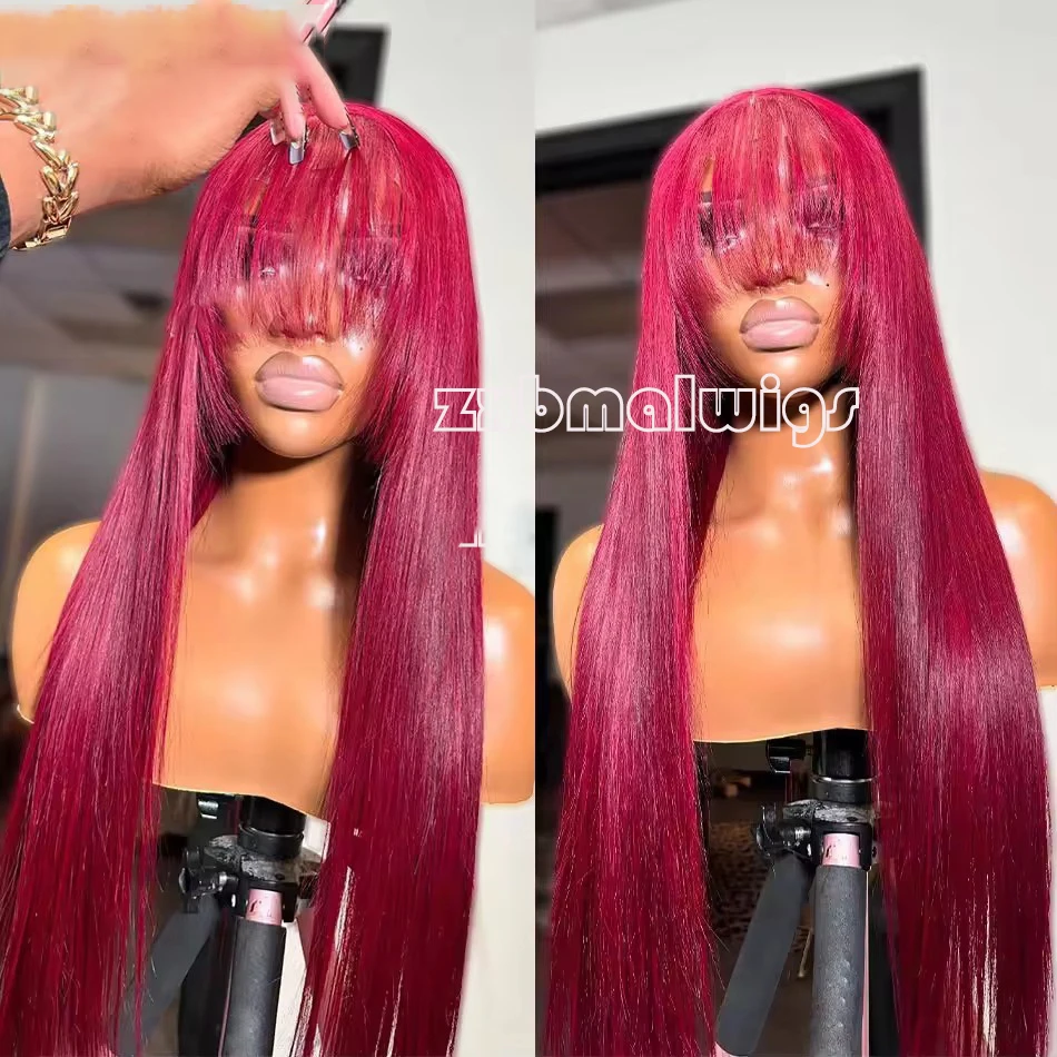 

Synthetic Hair Soft Long Bangs Burgundy Straight 13X4 Lace Front Wig For Black Women BabyHair Glueless Preplucked Daily
