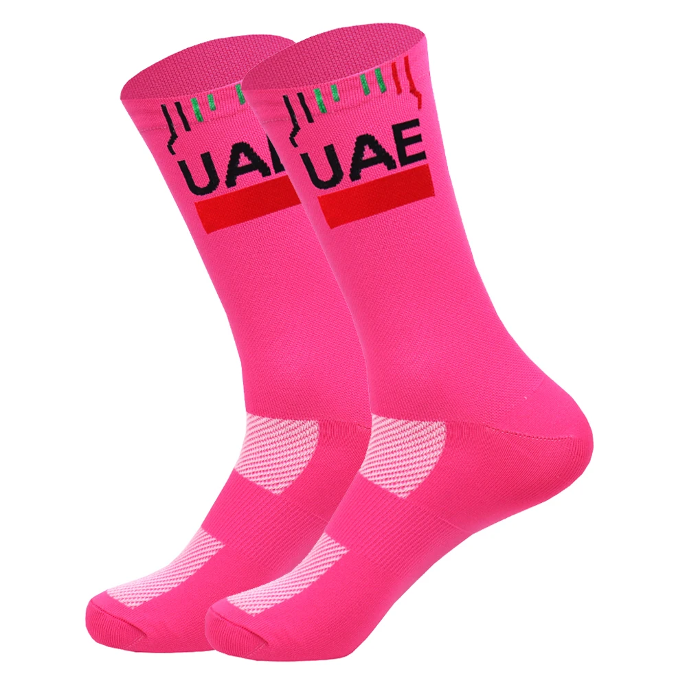 Weiße UAE-Radsocken, rot, TEAM, leichtes, großes Mesh-Design, MTB-Fahrradsocke, Unisex, für Erwachsene, Kompressionssocken, rutschfeste Laufsocken