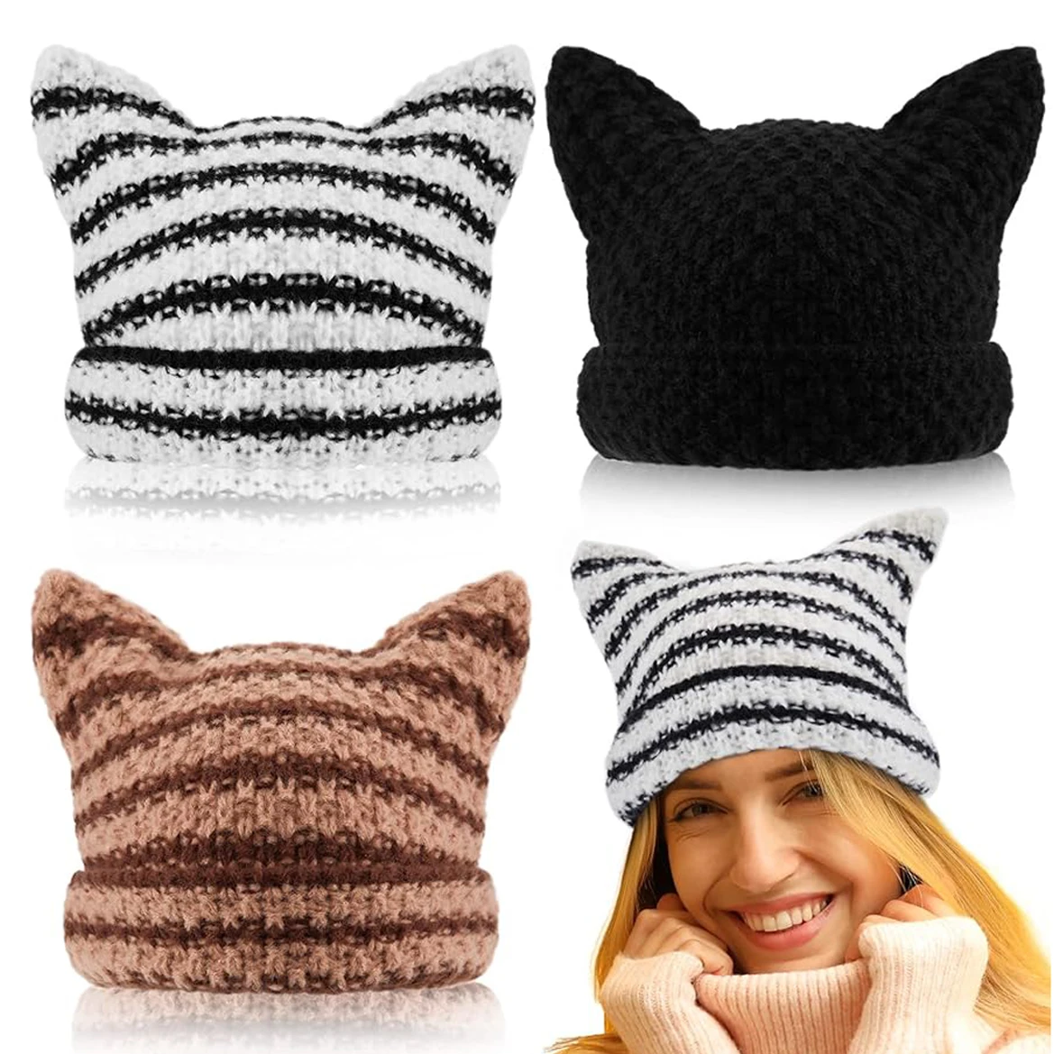 Crochet Hats for Women Handmade Knit Cat Ear Beanie Hat Winter Fox Hat Slouchy Vintage Goth Grunge Beanies