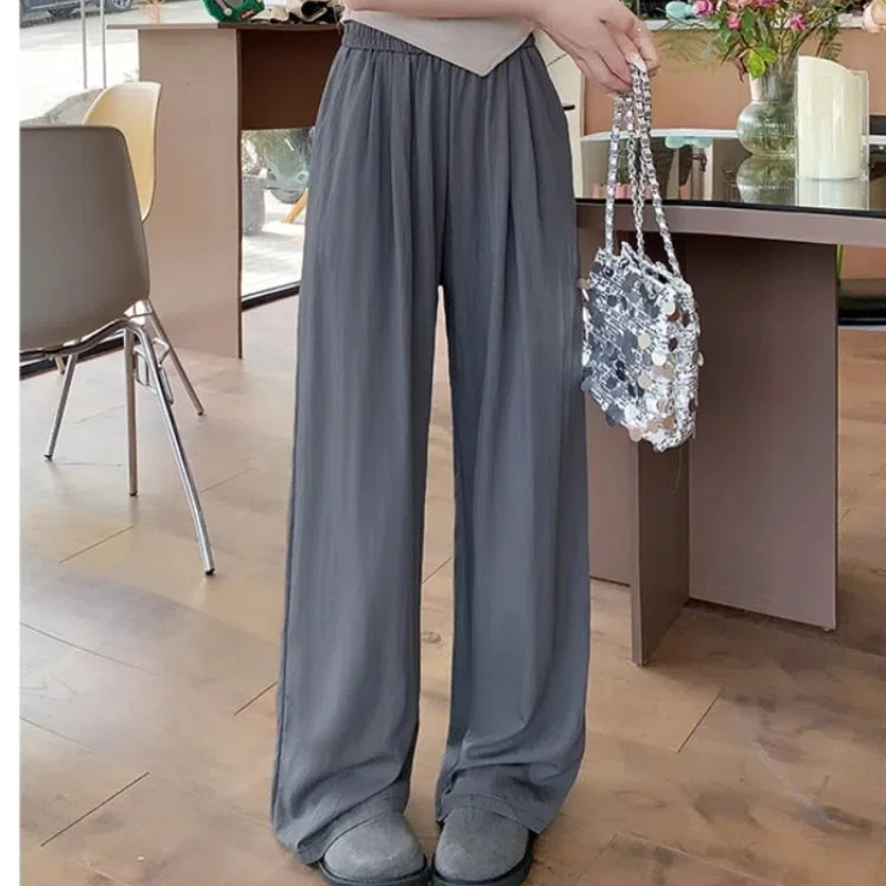 2024 Summer Women's New Splicing Solid Color Straight Leg Wide Leg Elasticized High-waisted Pocket Loose Casual Slimming Pants