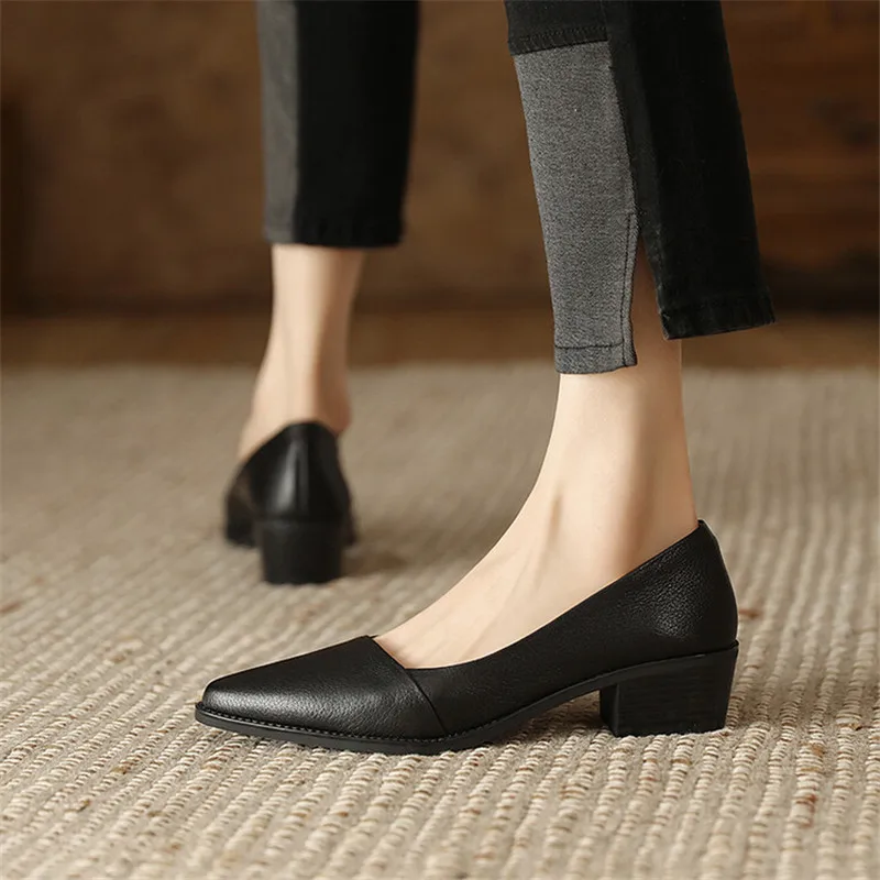 New Spring/Summer Women Shoes Pointed Toe Chunky Heel Shoes for Women Handmade Genuine Leather Women Pumps Zapatos De Mujer