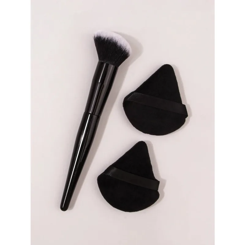 Black Angled Blush Brush+Makeup Puff Set,Ideal For Blush, Loose Powder, Highlight & Setting,Daily Makeup
