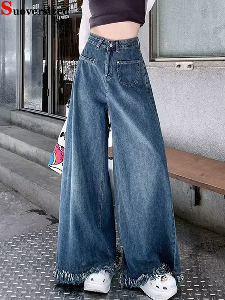 

Vintage Fringed Korean Fashion Jeans Women's Casual Wide Leg Straight Vaqueros Tassels High Waisted Loose Straight Denim Pants