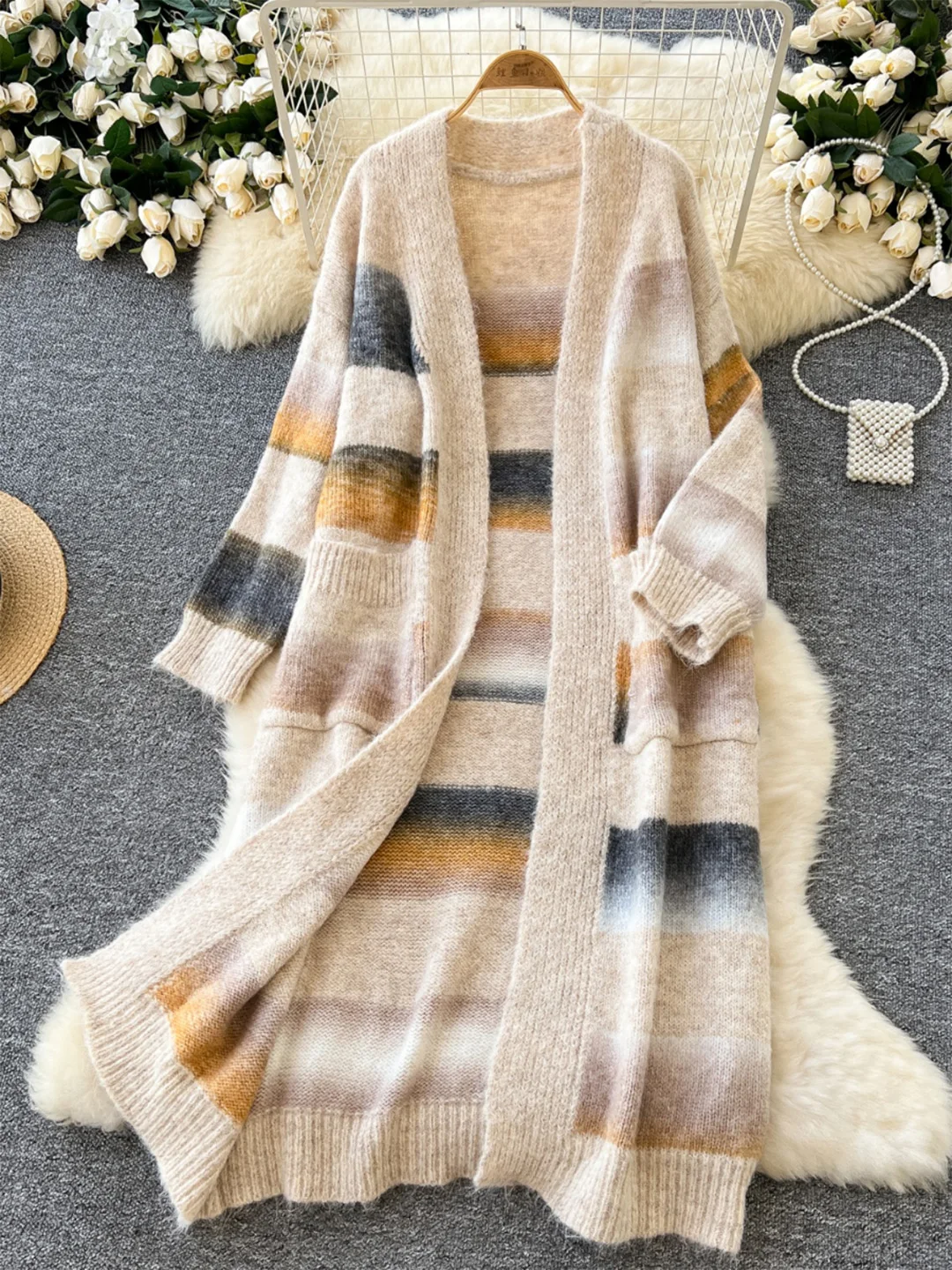 Croysier Cozy Casual Striped Loose Long Cardigans Women Fall Winter Clothes Long Sleeve Patch Pockets Knit Cardigan Sweater Coat