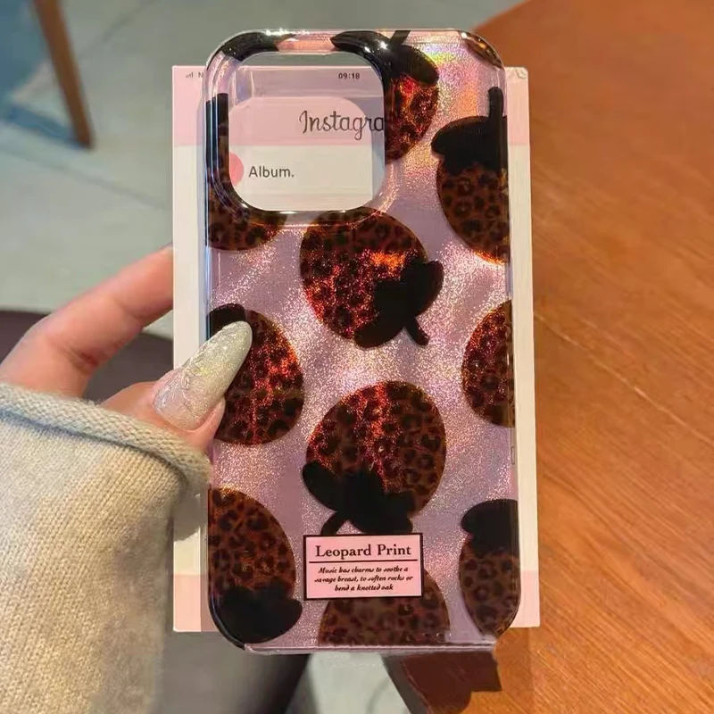 Water ripple glitter brown leopard print strawberry phone case For iPhone 11 12 13 14 15 16 pro max
